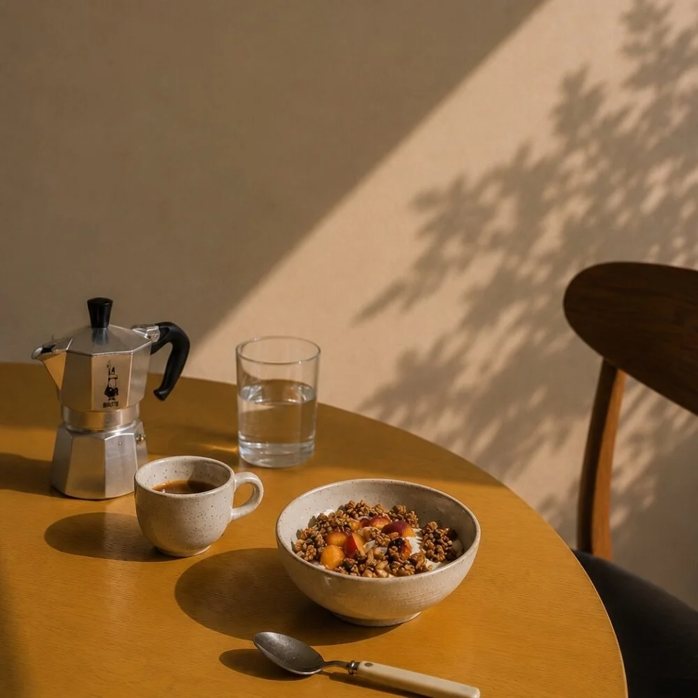 A bowl of Picky granola on a sunlit breakfast table beside a moka pot and glass of water