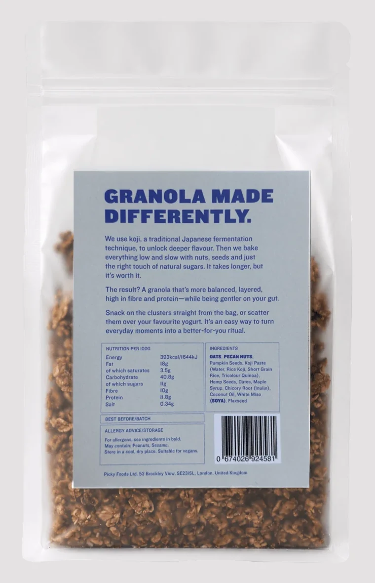 Back of a Picky Granola pack reading ‘Granola made differently’